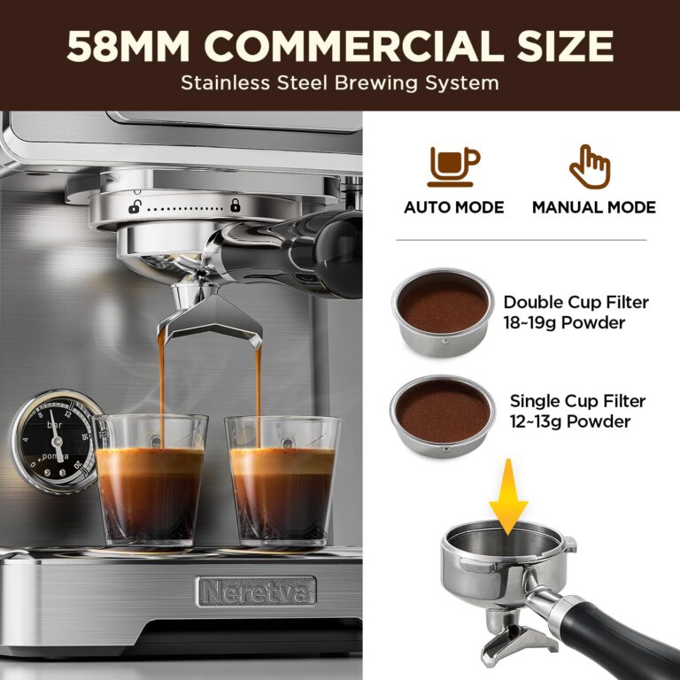 Neretva Espresso Coffee Machine with Pressure Gauge, 15Bar Instant Heating Espresso Machine Beginner-Friendly Espresso Maker Stainless Steel for Home Barista, Latte Machine, Cappuccino Machine - Image 6