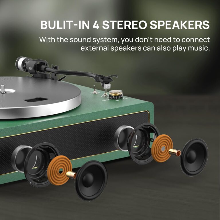 Turntable Record Player with Built-in Speakers, Vinyl Record Player Support Bluetooth Playback Auto Stop 33&45 RPM Speed RCA Line Out AUX in All-in-one Belt-Drive Turntable for Vinyl Records Green - Image 8