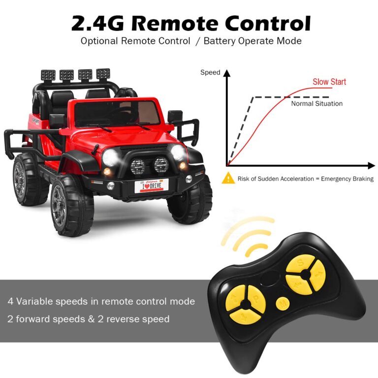 Costzon 2-Seater Ride on Truck, 12V Battery Powered Electric Vehicle Toy w/Remote Control, 3 Speed, LED Lights, MP3, Horn, Music, 2 Doors Open, Spring Suspension, Ride on Car for Kids (Red) - Image 8