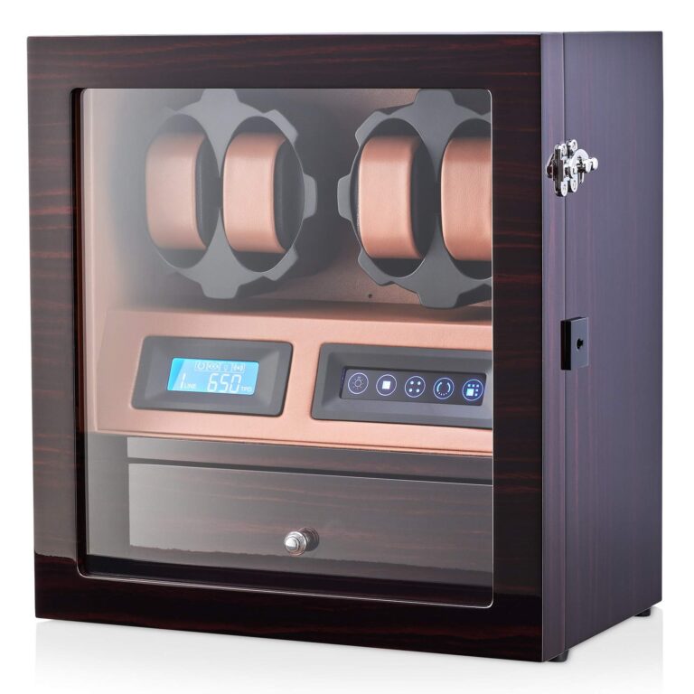 4 Watch Winder with 5 Watch Storage Space, LCD Display, Touch Control and Interior Light (Ebony + Brown)