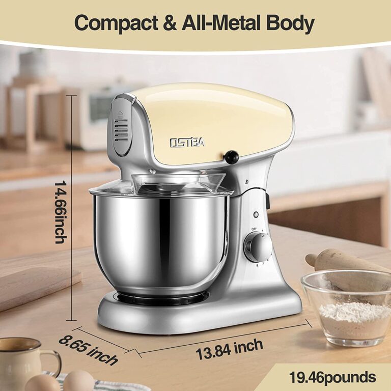 OSTBA Die-Cast Stand Mixer, 8 Speeds, 600W, 5.5Qt Tilt-Head, Stainless Steel Bowl, Dishwasher Safe, Dough Hook, Egg Whisk, Mixer Beater, Splash Guard, Almond Cream - Image 4