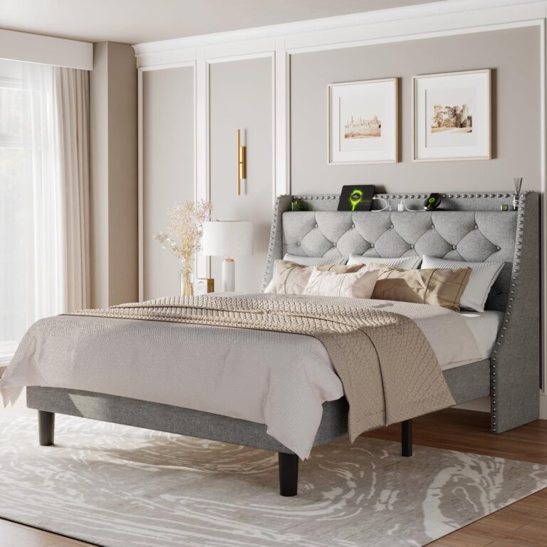Feonase Full Size Bed Frame with Luxury Wingback and Fast Charging Station,Full Upholstered Button Tufted Storage Headboard Platform Bed,Sturdy Wooden Slats Support,Noise-Free,Easy Assembly,Light Gray