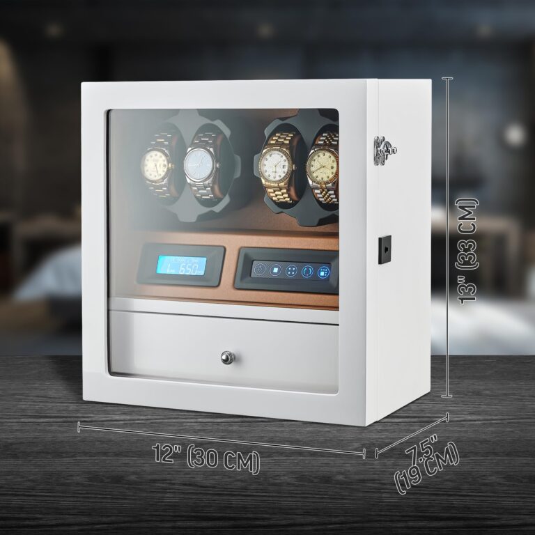 4 Watch Winder with 5 Watch Storage Space, LCD Display, Touch Control and Interior Light (White + Brown) - Image 3