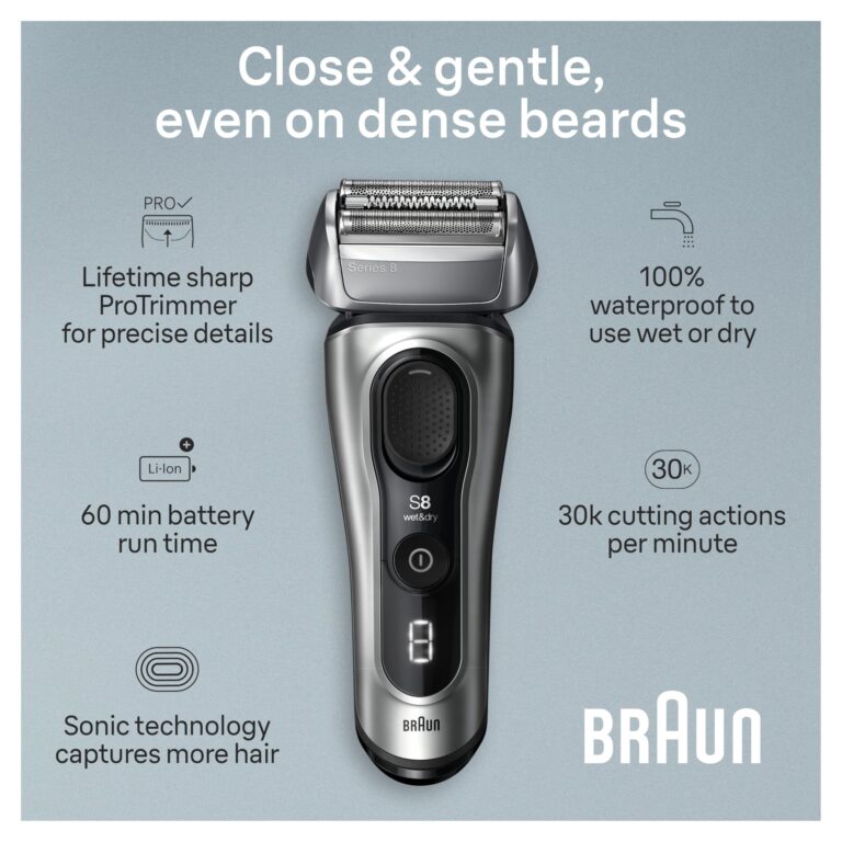 Braun Series 8 Electric Razor for Men, with 4+1 Shaving Elements & Precision Long Hair Trimmer, Close & Gentle Even on Dense Beards, Wet & Dry Electric Razor with 60min Runtime, 8517s Galvano Silver - Image 7
