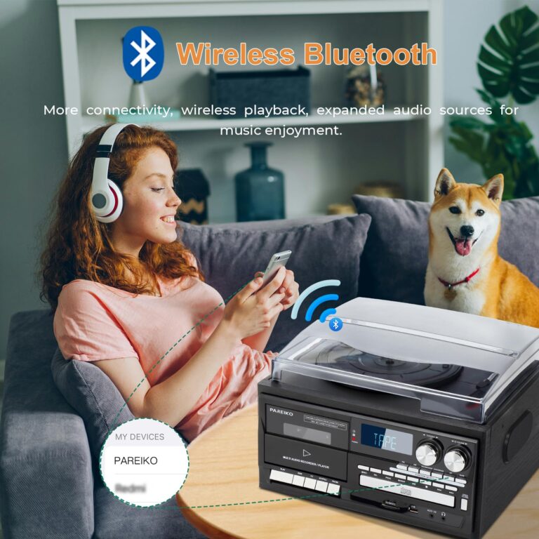 9-in-1 Vintage Turntable Record Player with Bluetooth, Built-in Speakers, AM/FM Radio, CD & Cassette Playback, USB/SD/MMC Support, Remote Control, Aux Input, RCA Output Black - Image 5