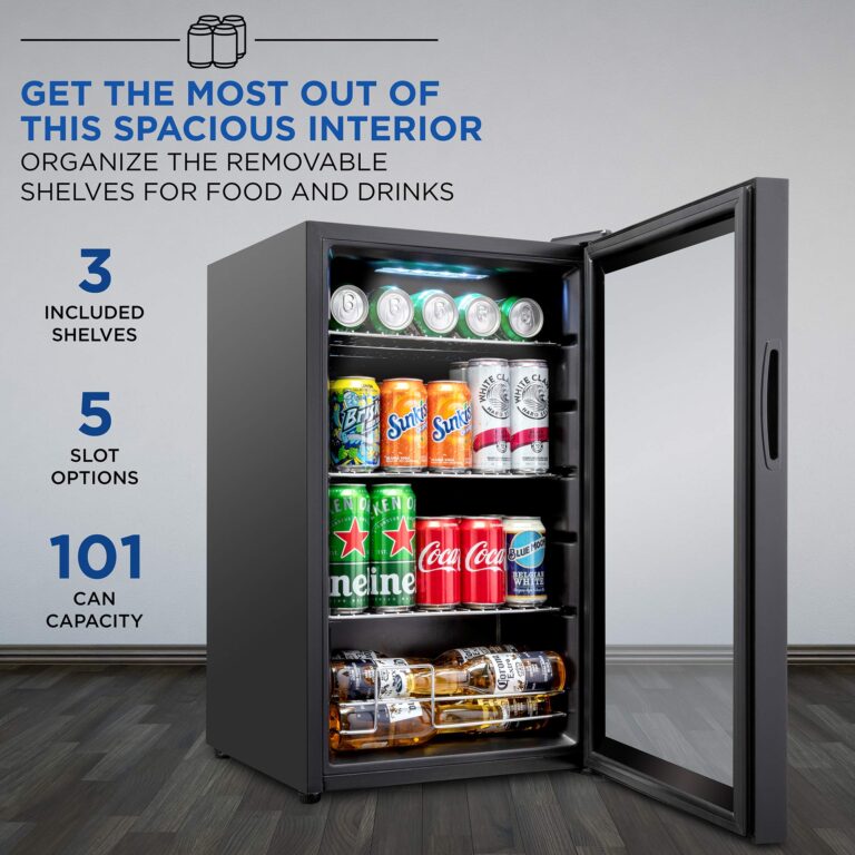 Ivation 101 Can Beverage Refrigerator | Freestanding Ultra Cool Mini Drink Fridge | Beer, Cocktails, Soda, Juice Cooler for Home & Office | Reversible Glass Door & Adjustable Shelving - Black - Image 5