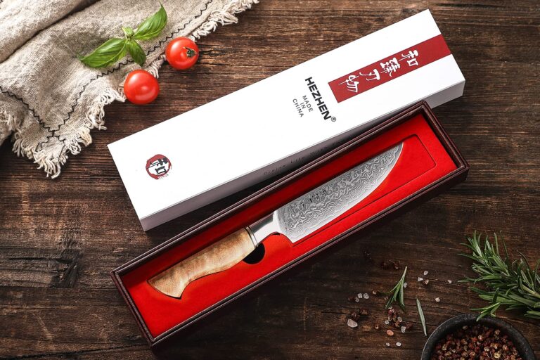 HEZHEN 6PCS Kitchen Knife Set Professional Forged Damascus High Carbon Steel Steak Knife Figured Sycamore Wood Handle-Porcelain Gift Package - Image 2