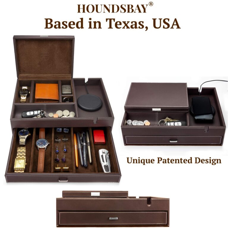 Mens Watch Box Leather Valet Tray - Bedside Table Organizer, Men's Jewelry Box, Watch Case for Men with Large Smartphone Charging Station - Jewelry Box for Men with Valet Box and Nightstand Organizer - Image 5