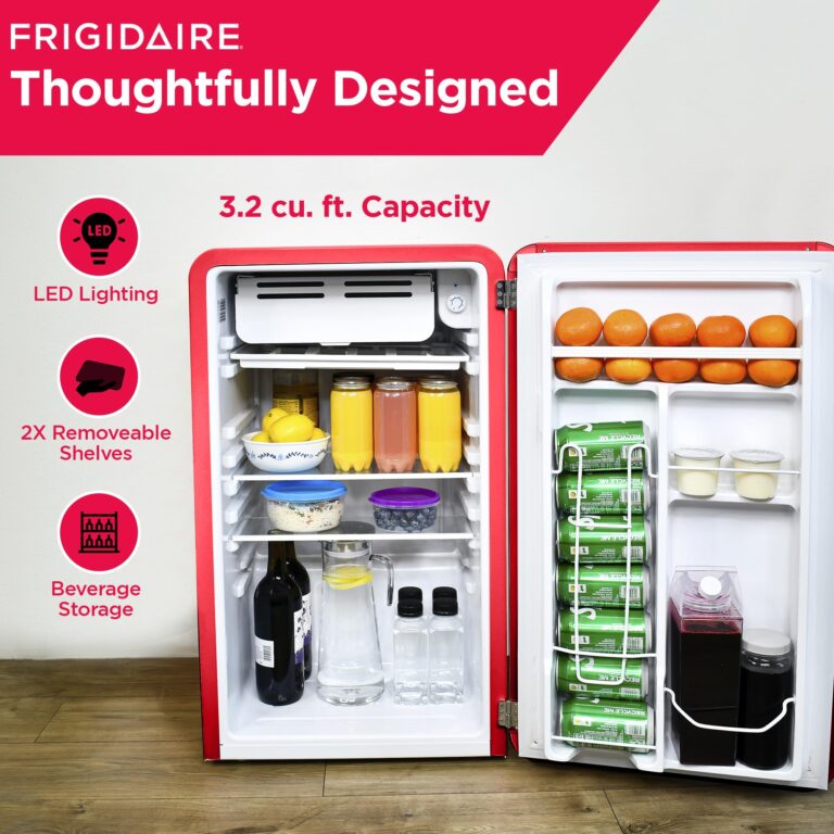 Frigidaire Retro Compact Refrigerator with Chiller, 3.2 cu ft Countertop Fridge, Built-In Bottle Opener, Rounded Corners, Premium, for Office, Bedroom, Dorm Room, Cabin, 18.5D x 20W x 31.5H (Red) - Image 6