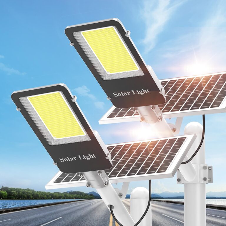 Solar Street Lights Outdoor Waterproof - 6000W Solar Lights Outdoor Dusk to Dawn Parking Lot Light Commercial, 7000K LED Street Light Powered Flood Security Heavy Duty for Yard, Outside(2 Pack)