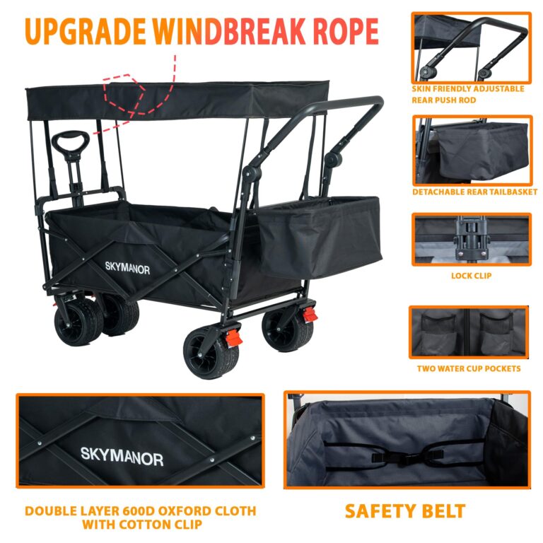 SKYMANOR Collapsible Wagon Folding Garden Cart with Removable Canopy Utility Wagon Cart with All-Terrain Wheels Brake Beach Cart for Sand Heavy Duty Beach Wagon for Camping Shopping (Black) - Image 5
