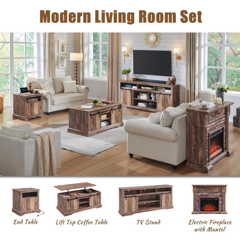 43" Electric Fireplace with Mantel, Electric Fireplace Heater, TV Stand w/Freestanding Electric Fireplaces, Stacked Stone Surround, Remote Control, Adjustable Flame Level for Living Room (Light Brown) - Image 2