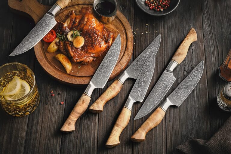 HEZHEN 6PCS Kitchen Knife Set Professional Forged Damascus High Carbon Steel Steak Knife Figured Sycamore Wood Handle-Porcelain Gift Package - Image 5