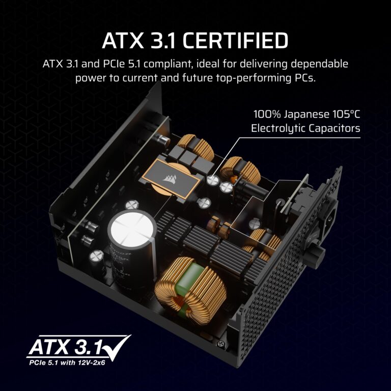 CORSAIR RM850x Fully Modular Low-Noise ATX Power Supply – ATX 3.1 Compliant – PCIe 5.1 Support – Cybenetics Gold Efficiency – Native 12V-2x6 Connector – Black - Image 7