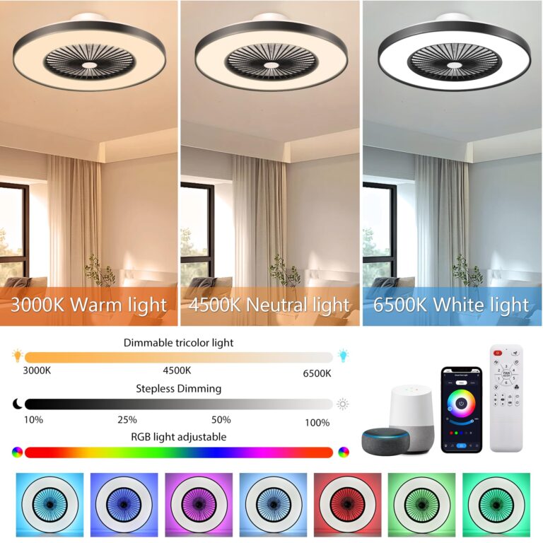 KAMLAM 24" Bladeless Ceiling Fan with Light, Low Profile Ceiling Fan with with Alexa, Remote/APP/Voice Control, Modern Flush Mount Ceiling Fans Dimmable Color Chaning LED-RGB Ambient Light Black - Image 7