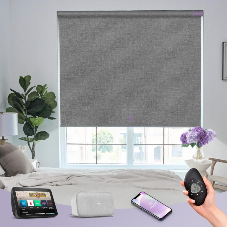 Graywind Smart Blackout Roller Shades Compatible with Alexa Google Textured Fabric Rechargeable Motorized Blinds Cordless Remote Control Window Shades, Custom Size (Weaving Cloud)