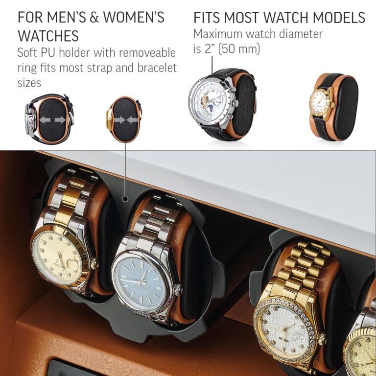 4 Watch Winder with 5 Watch Storage Space, LCD Display, Touch Control and Interior Light (White + Brown) - Image 6