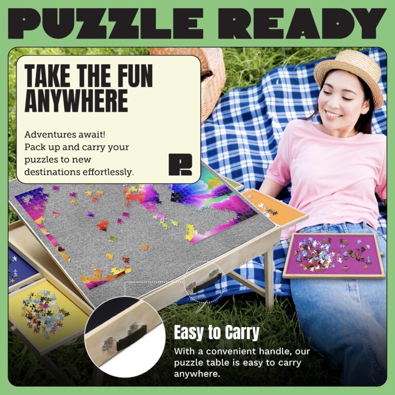 Puzzle Ready 1500-Piece Wooden Jigsaw Puzzle Table - 27" x 36" Foldable Portable Puzzle Board Design with Short Legs, 4 Colorful Drawers, 3 Adjustable Angles & Cover Mat - Image 3