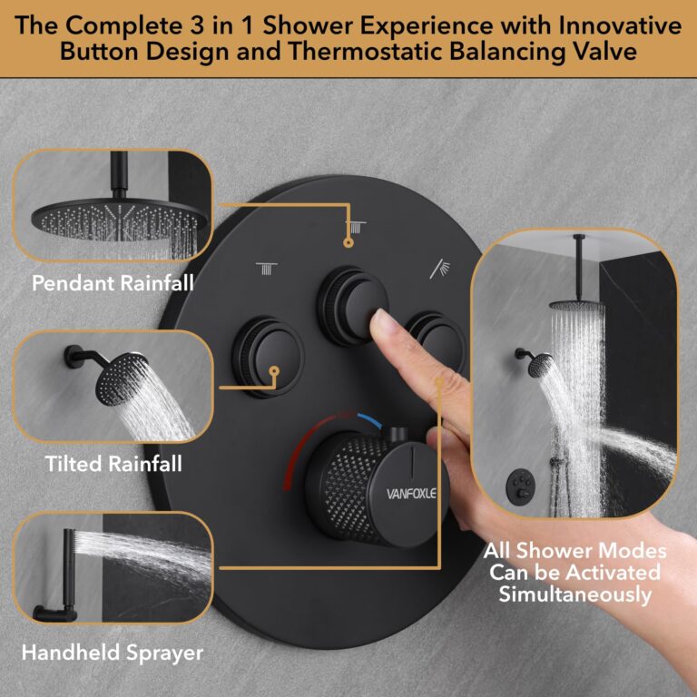 VANFOXLE Thermostatic Shower Faucet Set Matte Black Shower System,Push Button Diverter Shower Faucet with 2 in 1 Handheld, Wall Mount 12 Inch Shower Head with 6 Inch Shower Head - Image 3