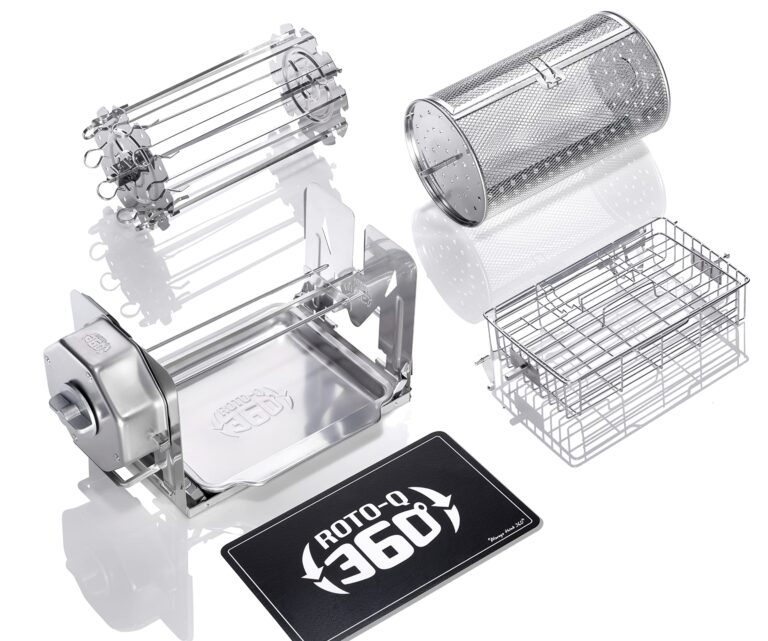 ROTO-Q 360 Stainless Steel Rotisserie Kit - Non-Electric, Wind-Up Spit Roaster with Rotisserie Basket, Flat Cage, Skewer Set, and Cooking Mat for Grills, Ovens, and Smokers - Indoor & Outdoor BBQ Use