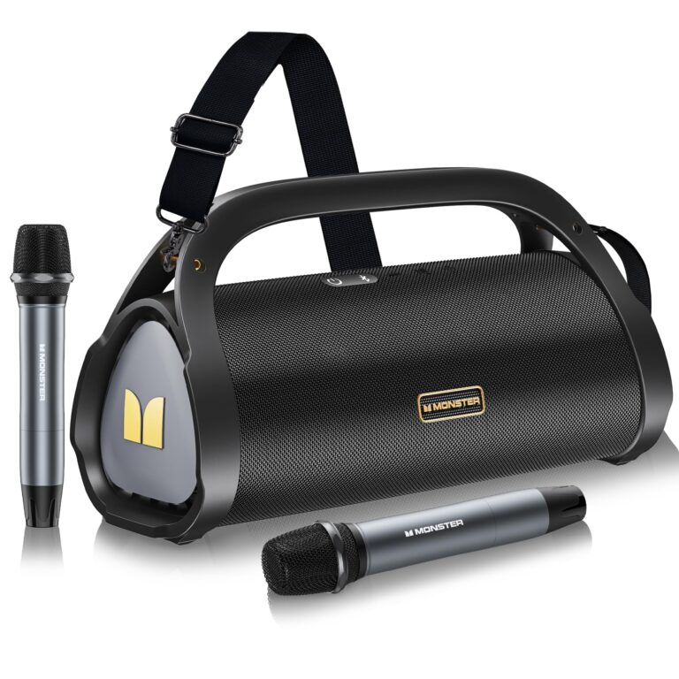Monster Adventurer Max Bluetooth Speaker with Two Wireless Microphones, IPX7 Waterproof Outdoor Speaker with 100W Powerful Stereo Sound, Portable for Home, Party, Camping, Gold