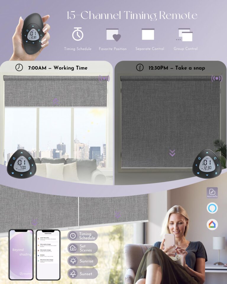 Graywind Motorized Roller Shades Work with Alexa Google Smart Blackout Shades with Remote Insulated Triple Weaved Fabric Window Blinds with Valance for Smart Home Office, Customized Size (Light Grey) - Image 5