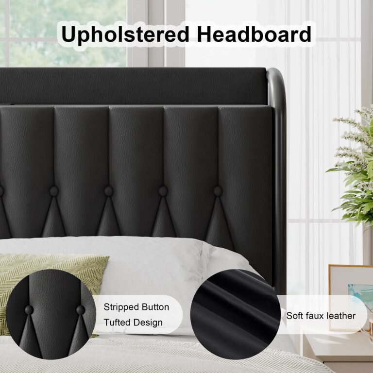 Feonase Leather Queen Bed Frame with Fast Charging Station,Queen Size Metal Platform Beds with Upholstered Headboard & Footboard,12" Underbed Storage Space,Easy Assembly,Noise-Free,Black - Image 4