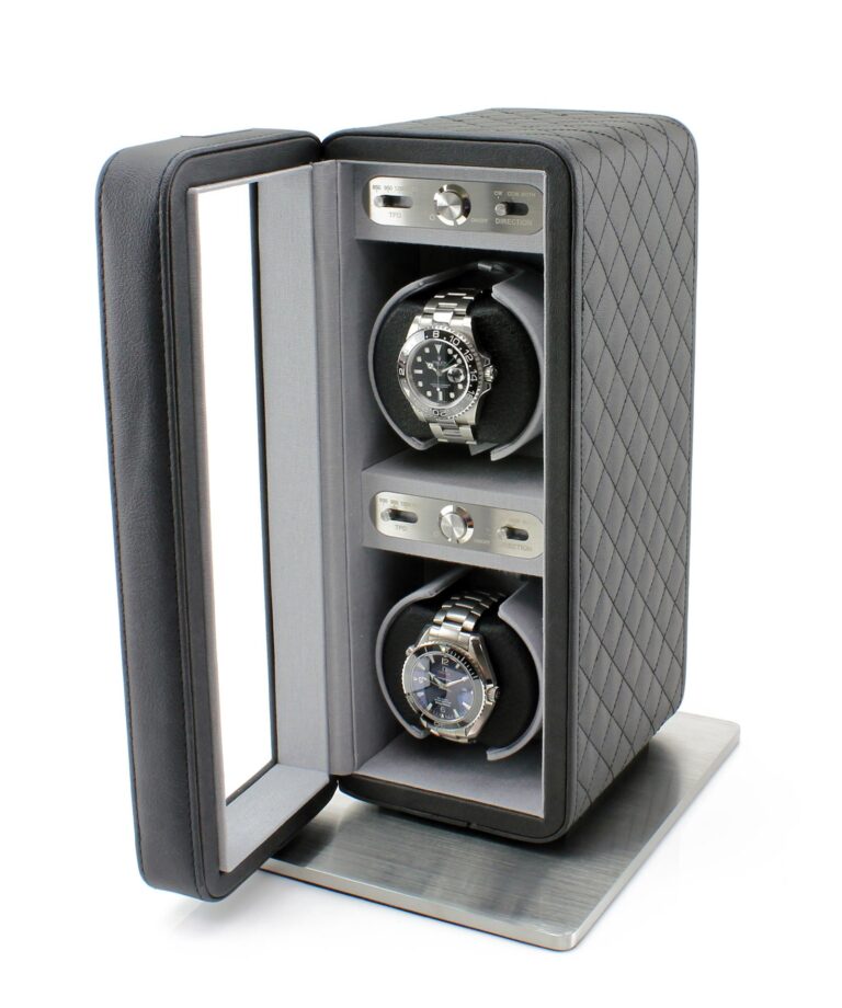 Heiden Monaco Double Watch Winder in Black Leather - Battery Powered or AC Adapter, 12 Program Settings, Diamond Stitched Vegan Leather, Soft Linen Interior, Large Interior Space for Large Watches - Image 5