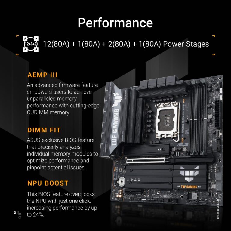 ASUS TUF Gaming B860M-PLUS WiFi B860 LGA 1851 mATX Motherboard, Intel® Core™ Ultra Series 2 Ready, AI PC, 12+1+2+1 80A Stages, DDR5,PCIe 5.0, 3X M.2, Wi-Fi 7, 2.5G LAN, HDMI™, USB 20Gbps Type-C® - Image 8