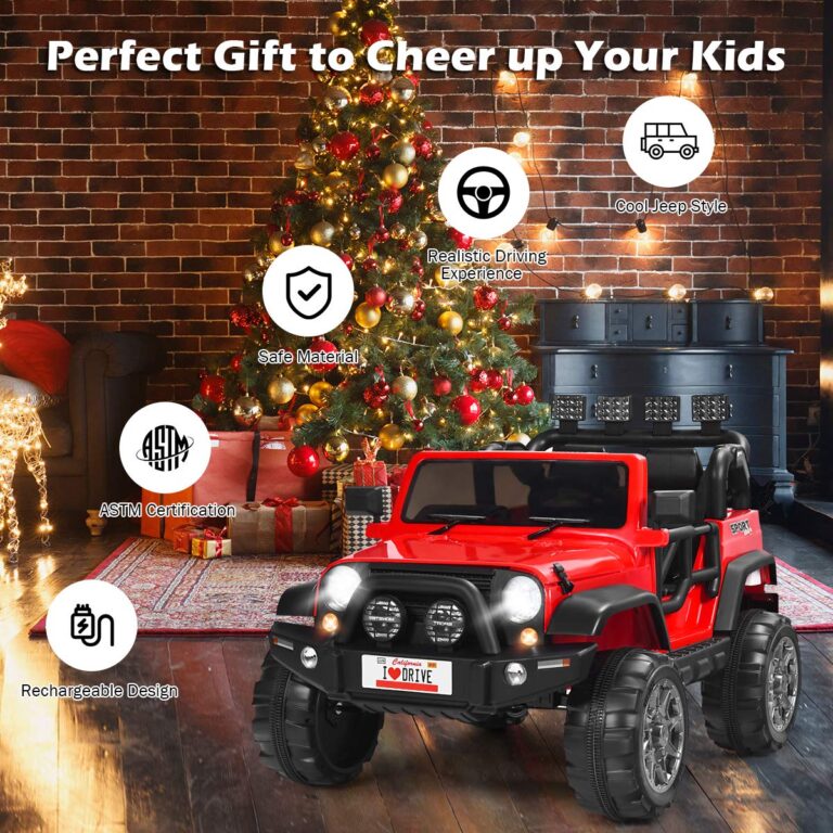 Costzon 2-Seater Ride on Truck, 12V Battery Powered Electric Vehicle Toy w/Remote Control, 3 Speed, LED Lights, MP3, Horn, Music, 2 Doors Open, Spring Suspension, Ride on Car for Kids (Red) - Image 3