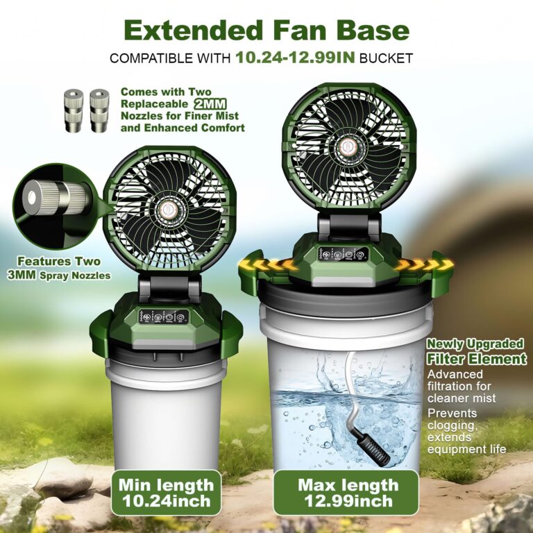Veubew Portable Misting Fan,30000mAh Rechargeable Battery Powered,4 Strong Winds&4 Spray Mister,Floor Cooling Fan for Outdoor,Camping,Patios,Adjustable Base for 10-13in Bucket(No Bucket Included) - Image 6