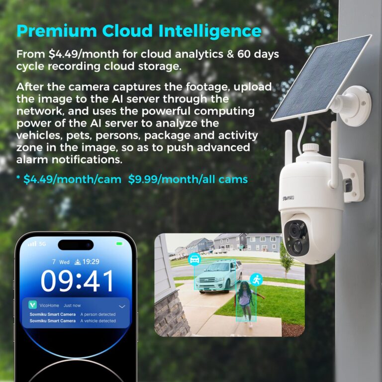 SOVMIKU 4CQ1 AI 2K Solar Security Camera Wireless Outdoor, Battery Powered, Two Way Audio, PIR Motion Detection, 360° View Pan/Tilt,Easy to Setup, Color Night Vision, Audible Flashlight Siren,SD Slot - Image 9