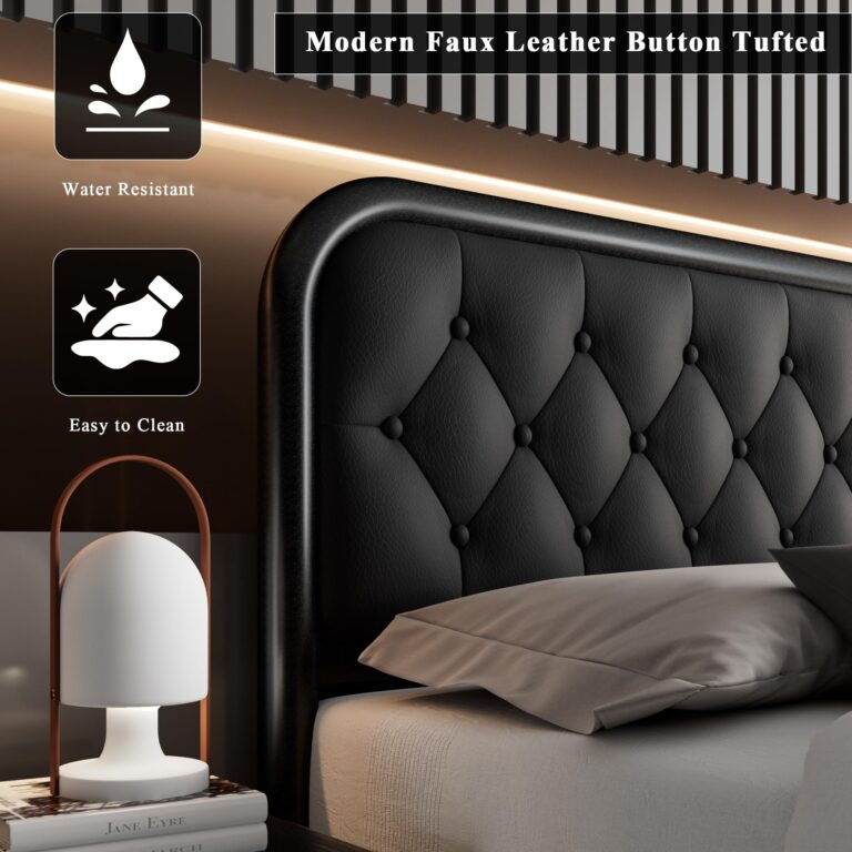 Feonase Full Size Bed Frame, Heavy Duty Bed Frame with Faux Leather Headboard, Upholstered Platform Bed with Strong Metal Slats, 12" Under-Bed Storage, Noise-Free, Easy Assembly, Black - Image 5