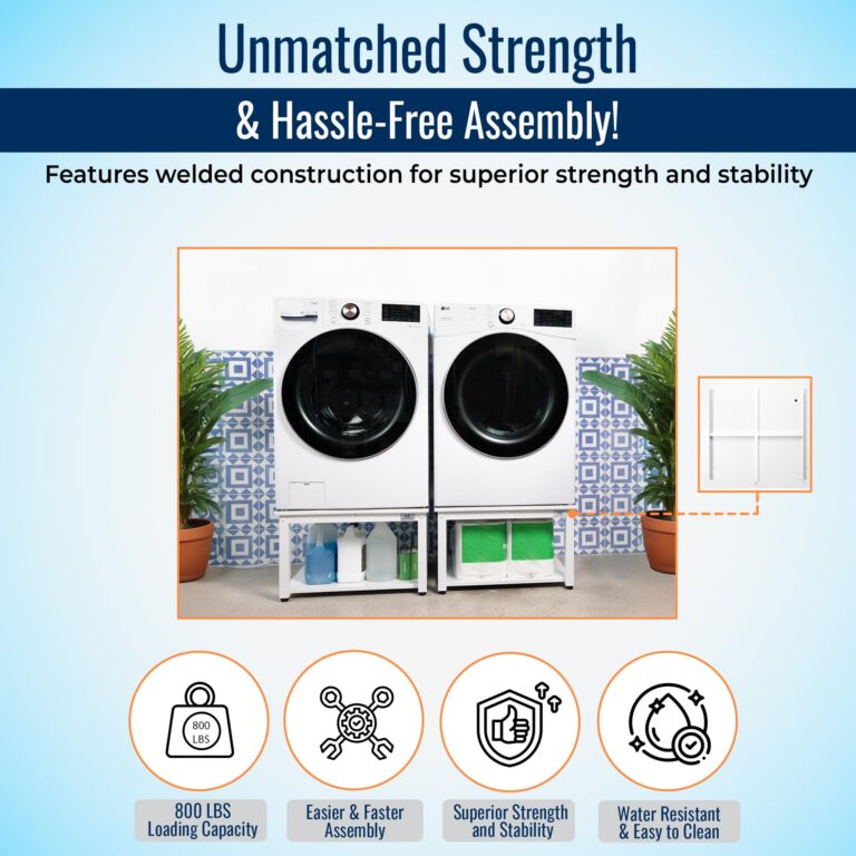 EZ Laundry - Laundry Pedestal for Washer/Dryer, 27" Anti-Vibration Steel Stand with Adjustable Feet Elevates 16", Includes Drain Pan & Hose (White) - Image 6