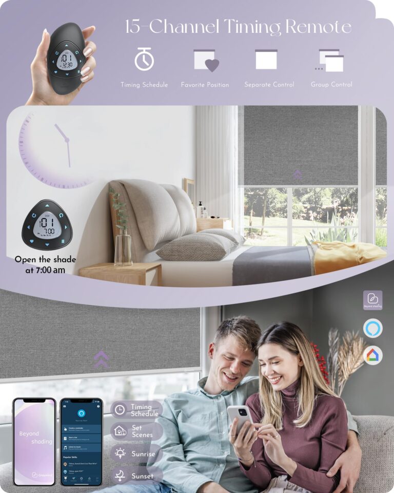 Graywind Smart Blackout Roller Shades Compatible with Alexa Google Textured Fabric Rechargeable Motorized Blinds Cordless Remote Control Window Shades, Custom Size (Weaving Cloud) - Image 5