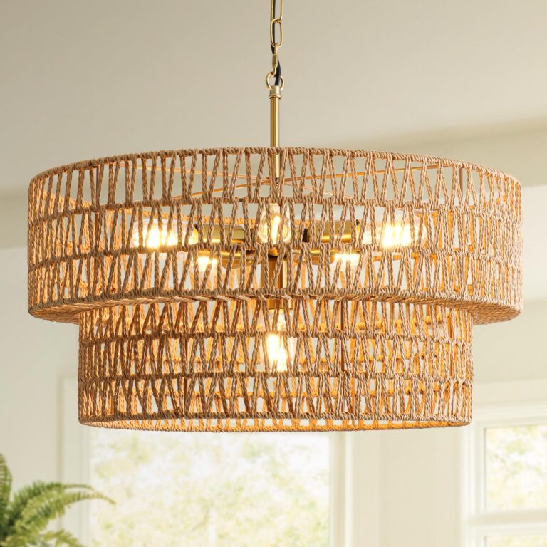 23.6" Boho Rattan Chandelier, 6-Light Large Rattan Pendant Light with 2-Tier Wicker Shade, Bohemian Farmhouse Ceiling Light Fixture Chandelier for Dining Room, Living Room, Bedroom, Kitchen Island