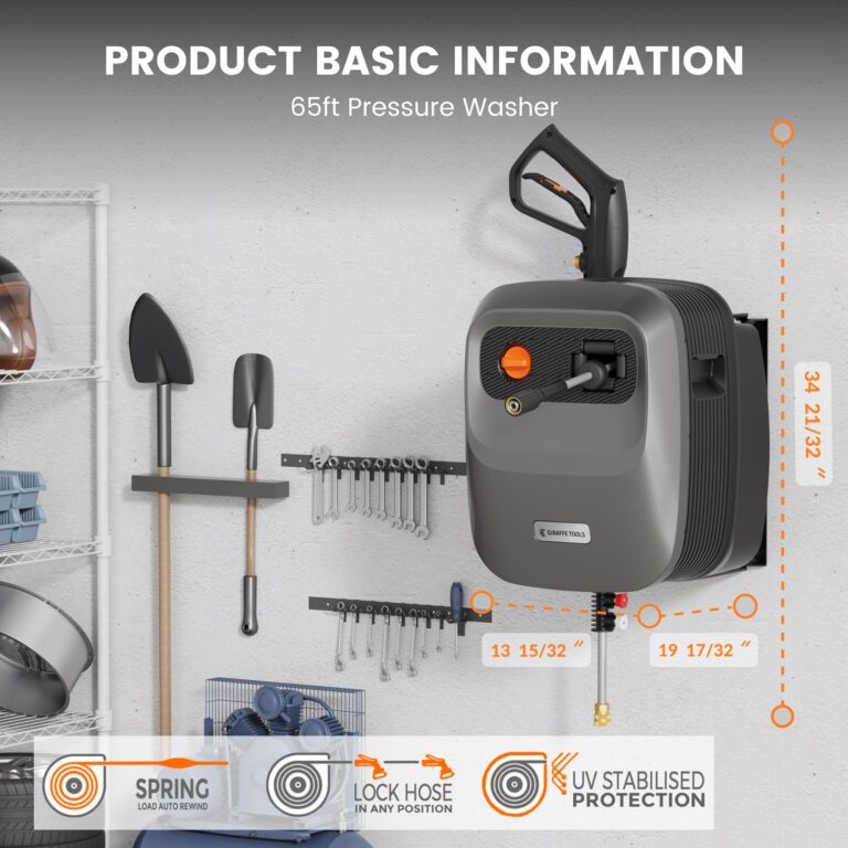Giraffe Tools Grandfalls Pressure Washer G20 Pro, 2500 PSI 2.2 GPM, Wall Mounted Power Washer with 65FT Hose Reel, Ultra-Soft Pressure Hoses, 4 Nozzles for Floor/Cars/Fences/Patios, Dark Silver - Image 8