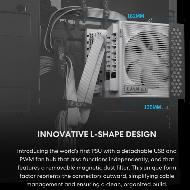 Lian Li Edge Serie - 1200W Full Modular Power Supply (Fan USB Hub Included) - Gold - ATX 3.1 - PCIE 5.1 Support - 12V-2x6 Connector - L-Shape Design for Dual Chamber Case - White (EG1200G.WH) - Image 6