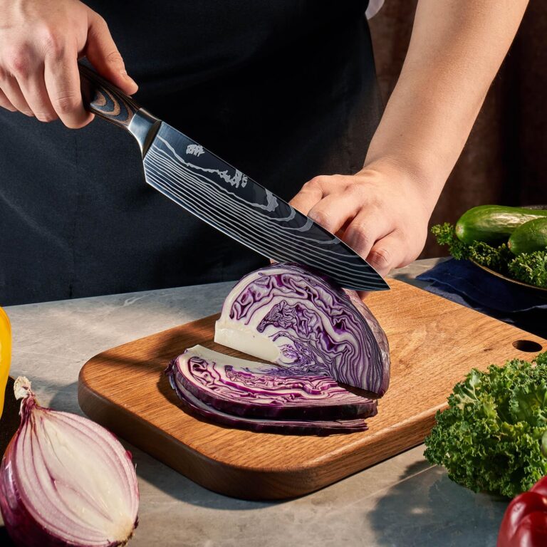 SENKEN 16-Piece Acacia Wood Knife Block Set with Laser Damascus Pattern - Includes Steak Knives, Kitchen Shears, Chef's Knife, Santoku, Cleaver & More - Image 6
