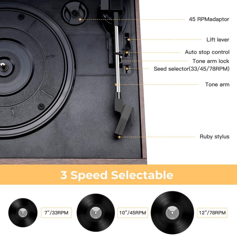 3-Speed Turntable 10 in 1Record Player with Bluetooth, AM/FM Radio, USB/SD/MMC, CD/Cassette Playback, Remote Control, and 2 External Speakers – Great for Gifting - Image 6
