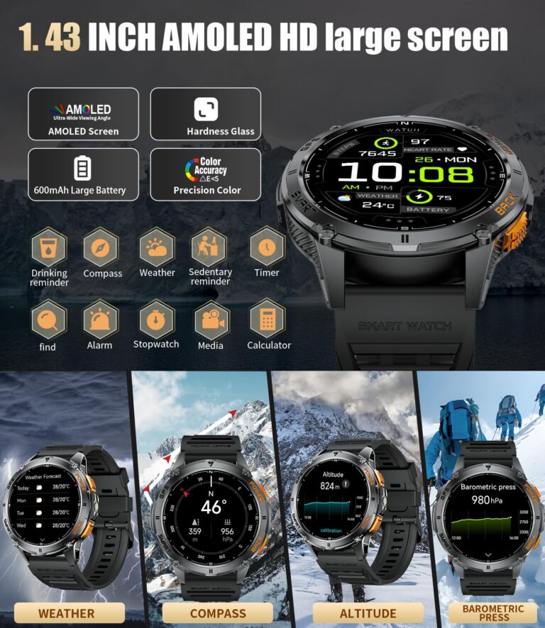 LIGE GPS Smart Watch for Men, Compass/LED Flashlight/1.43" AMOLED Smartwatch, IP68 Waterproof/Swim Mode/100+ Sports Mode Fitness Tracker Watch, Men's Smart Watch for Android iPhone Compatible - Image 6