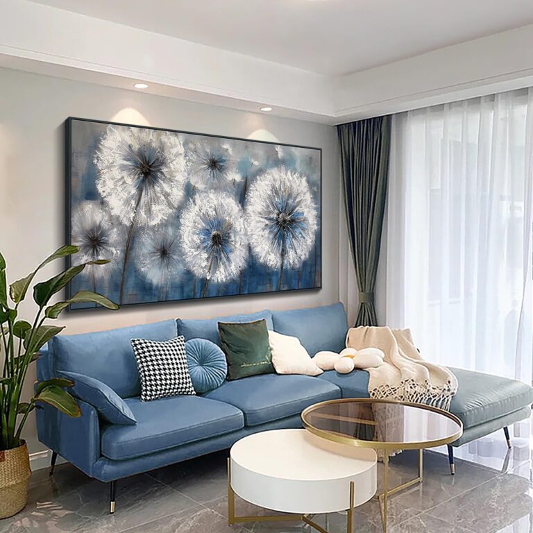 Pogusmavi Dandelion Wall Art Blue Wall Decor Painting Living Room Plant Pictures Framed Paintings for Wall Decorations Artwork for Walls Dining Room Decor 29x58 Black Framed - Image 6
