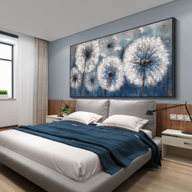 Pogusmavi Dandelion Wall Art Blue Wall Decor Painting Living Room Plant Pictures Framed Paintings for Wall Decorations Artwork for Walls Dining Room Decor 29x58 Black Framed - Image 8