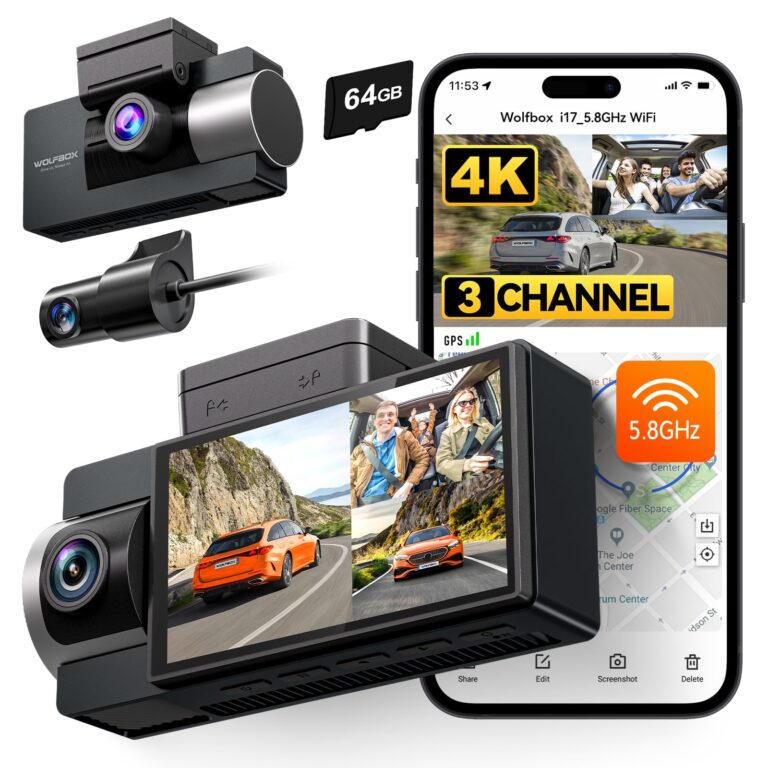 WOLFBOX i17 4K 3 Channel Dash Cam, 5.8GHz WiFi & GPS with 64GB Card, 4K+1080P+1080P Dash Cam Front and Rear Inside, Triple Car Camera with 3 Inch Screen, IR Night Vision, WDR, 24H Parking Mode