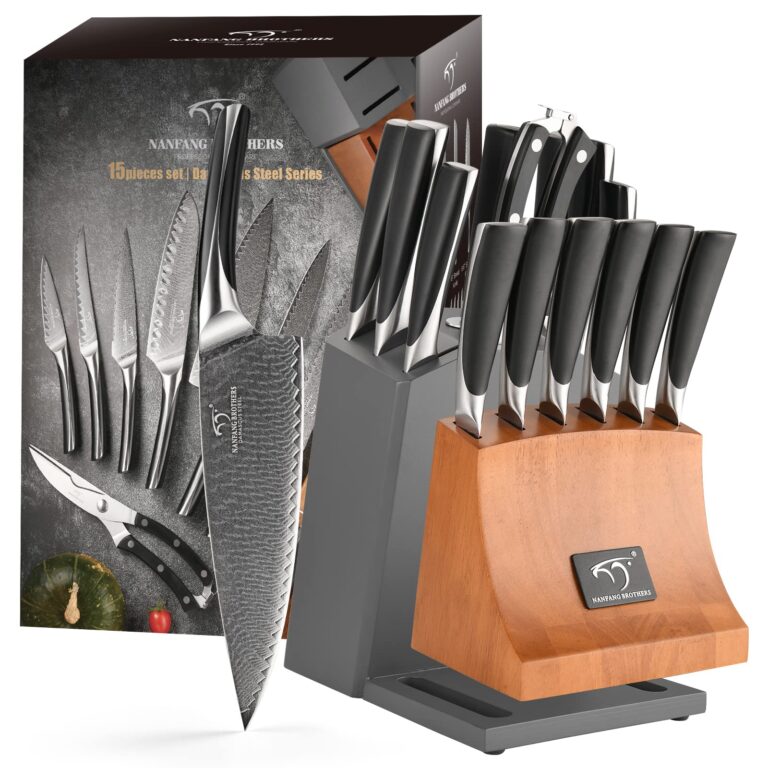 Knife Set, NANFANG BROTHERS 15-Piece Damascus Kitchen Knife Set with Block, ABS Ergonomic Handle for Chef Knife Set, Carving Fork, Disconnect-type Knife Block Set - Image 2