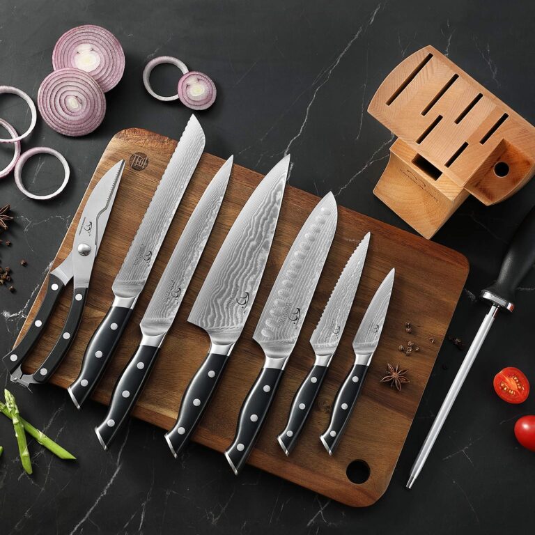 NANFANG BROTHERS Knife Sets, 9 Pieces Damascus Kitchen Knife Set with Block, ABS Ergonomic Handle for Chef Knife Set, Knife Sharpener and Kitchen Shears, Knife Block Set - Image 4