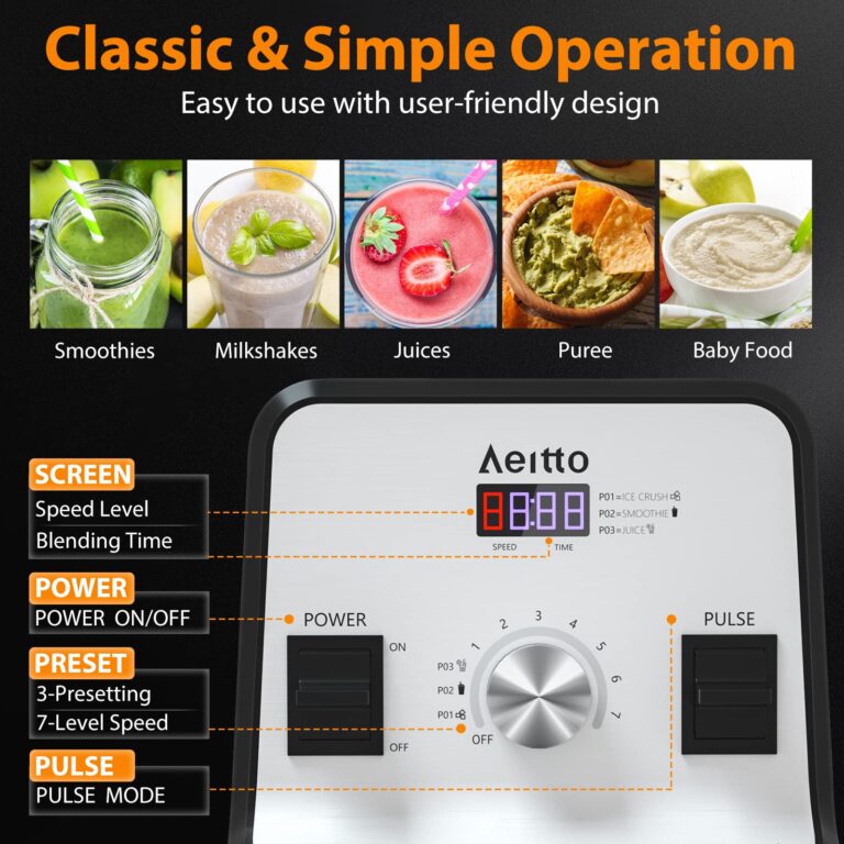 Aeitto Blender, Blenders for Kitchen with 1500-Watt Motor, 68 Oz Large Capacity, Professional Countertop Blenders for Ice Crush, Frozen Drinks, Silver - Image 6