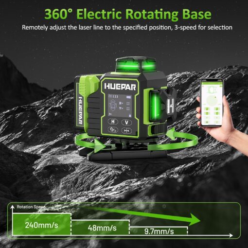 Huepar Laser Level 360 Self Leveling, W04CG Upgraded 4x360° Bluetooth Construction Lazer Leveler Tool with Electric Rotating Base ＆ Large LCD Screen, 4D 16 Lines Green Cross Laser Level - Image 9