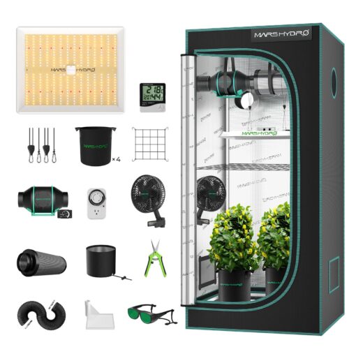 MARS HYDRO 3x3 Grow Tent Kit Complete System,150W TS1000 LED Dimmable Grow Light, 32"x32"x63" 1680D High Reflective Mylar Grow System with 4inch Adjustable Speed Ventilation System,10 Speed Clip Fan