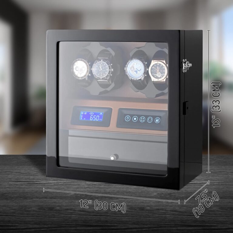 4 Watch Winder with 5 Watch Storage Space, LCD Display, Touch Control and Interior Light (Black + Brown) - Image 2